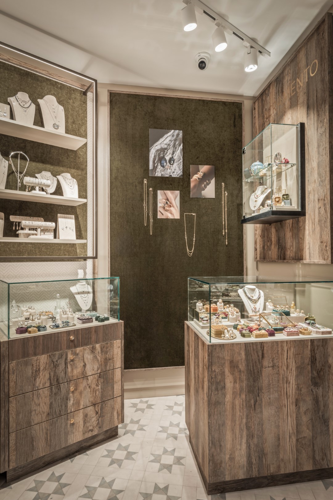 Stylish wooden showcases jewelry store