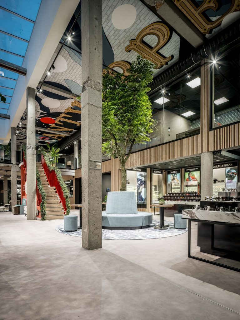 Retail design optical store with skylight and sales islands